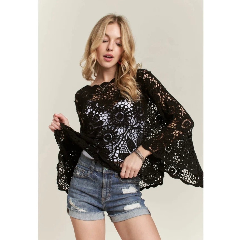 Adora Bell Sleeve Crochet Floral Knit Top Scalloped Beige Cotton Boho Whimsy L